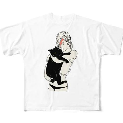 イナズマメイクの女性と黒猫 フルグラフィックTシャツ
