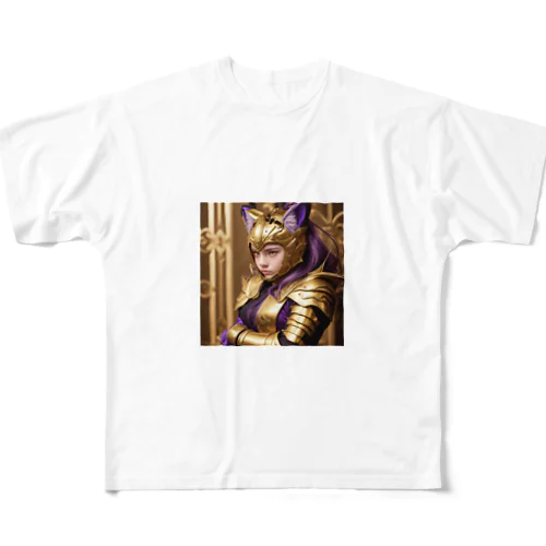 「金光輝く勇気：女性猫耳戦士の守護の証」 All-Over Print T-Shirt