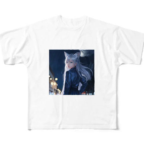 「深夜の邂逅：猫耳の不思議な出会い」 All-Over Print T-Shirt