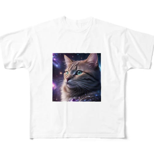 「星の囁き - 宇宙への猫の眺め」 All-Over Print T-Shirt