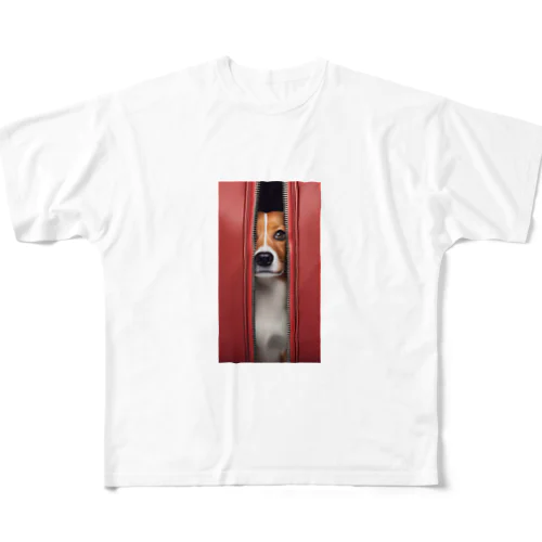 ジッパーから覗く犬 All-Over Print T-Shirt