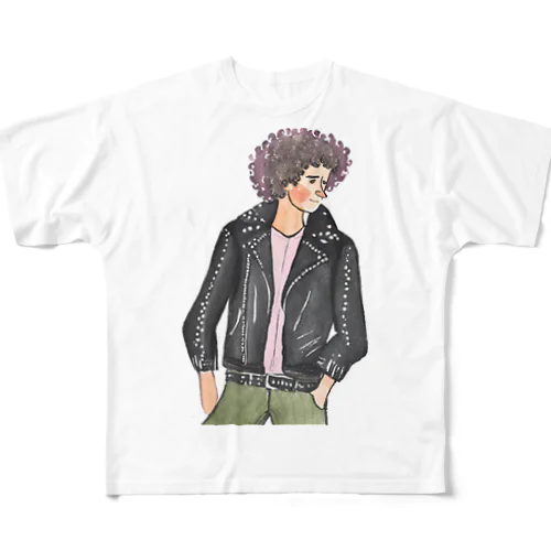 魅惑のモダンスタイル。巻き髪と革ジャンが語るオシャレな男性のアート 풀그래픽 티셔츠