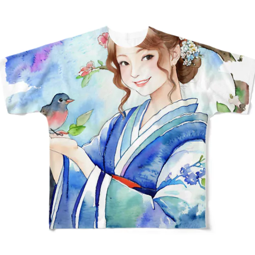 日本人女性手の上の小鳥 フルグラフィックTシャツ