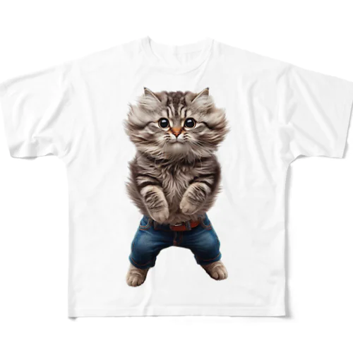 ジーンズ×猫 フルグラフィックTシャツ