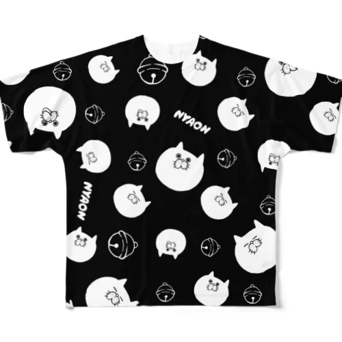 NYAONにゃおん！(総柄)黒地×ホワイト All-Over Print T-Shirt