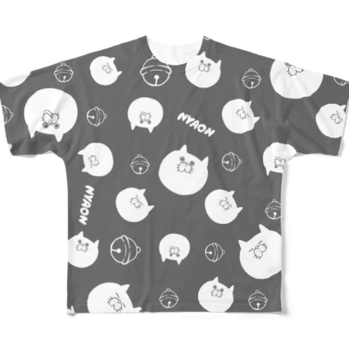 NYAONにゃおん！(総柄)グレー地×ホワイト All-Over Print T-Shirt