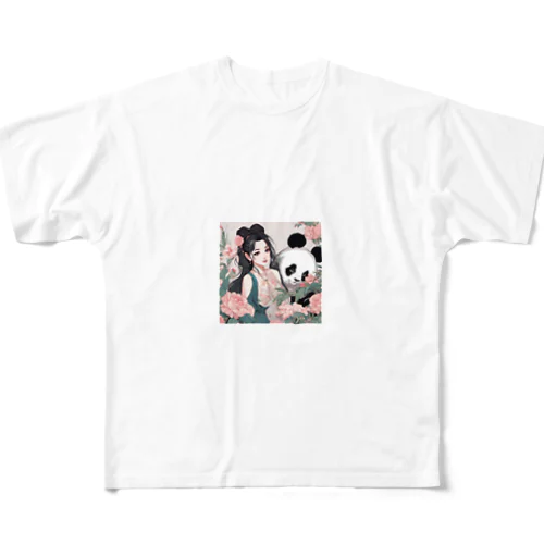 美女とパンダ フルグラフィックTシャツ