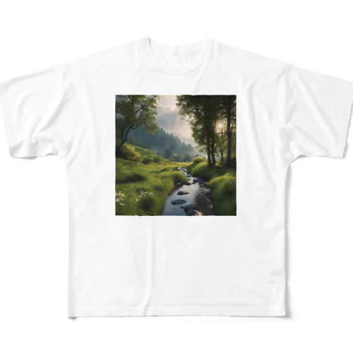 川と草原と山の風景 フルグラフィックTシャツ