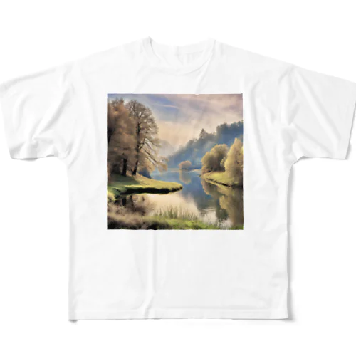静かな川辺の風景 フルグラフィックTシャツ