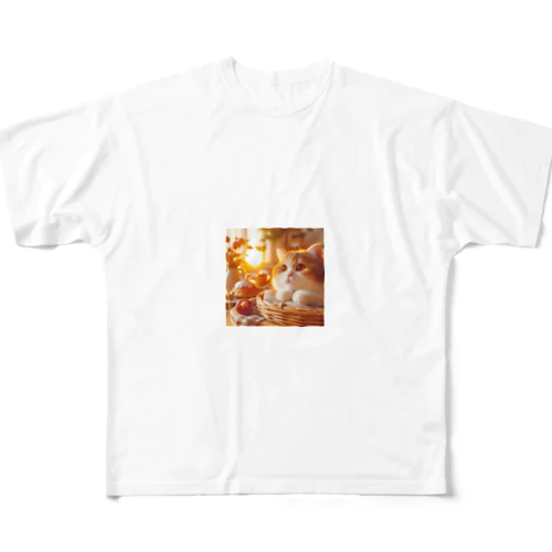 かわいい猫と日の出のイラスト フルグラフィックTシャツ