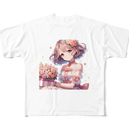 春の花畑と少女 フルグラフィックTシャツ