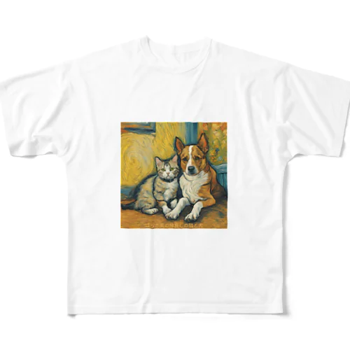 ゴッホが描いたような仲良しの猫と犬 All-Over Print T-Shirt