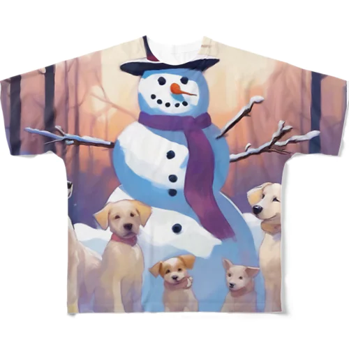 犬の家族と雪だるま All-Over Print T-Shirt