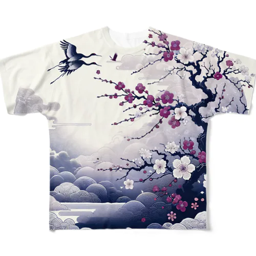白背景の和風夜景 - 月と梅と鶴 フルグラフィックTシャツ