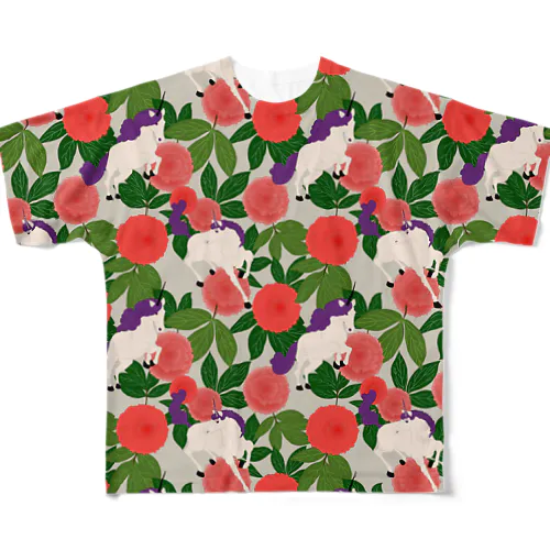 Unicorn and Peony　（ユニコーンと芍薬） All-Over Print T-Shirt