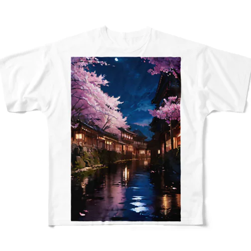 川と桜と明かり All-Over Print T-Shirt