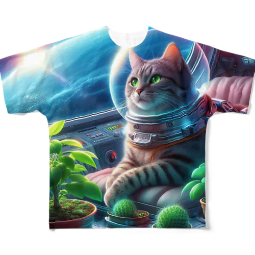 宇宙船で植物を育てながら宇宙旅行している猫 All-Over Print T-Shirt