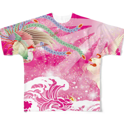 ピンク鳳凰　波　和柄 All-Over Print T-Shirt