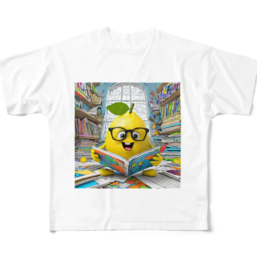 漫画を読んでる果物レモン フルグラフィックTシャツ