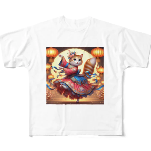 アジアの伝統的な舞踏を踊っている猫 All-Over Print T-Shirt