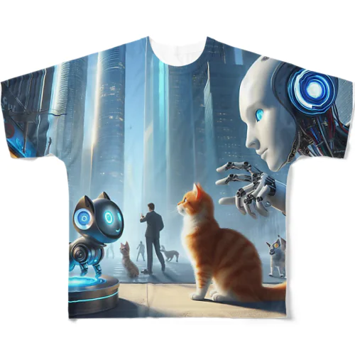 未来のロボットペットと友達になっている猫 All-Over Print T-Shirt