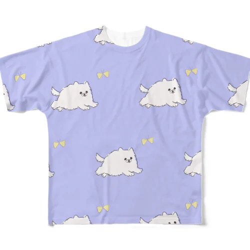 モッフモフの白ぽめちゃん　蝶々を追いかける All-Over Print T-Shirt