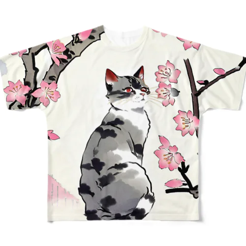 春の花と猫 All-Over Print T-Shirt