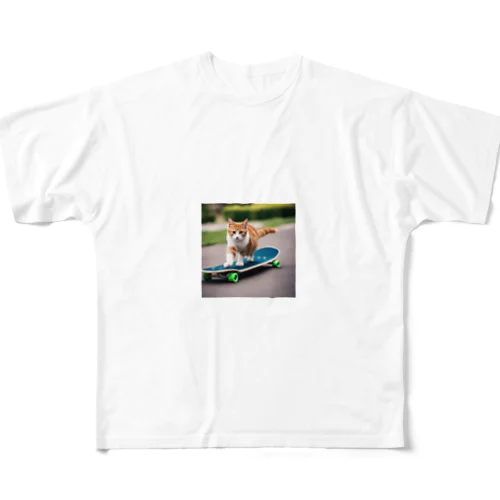 スケートボードに颯爽と乗る猫 フルグラフィックTシャツ