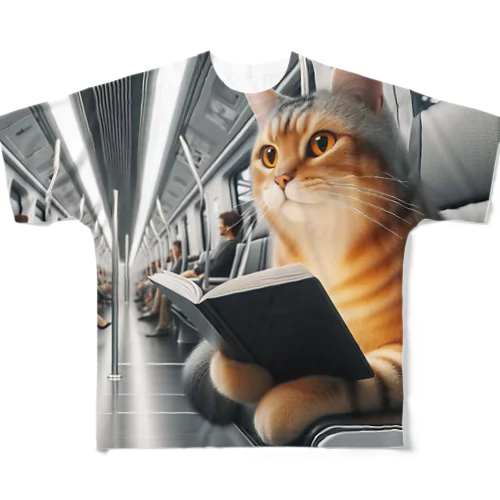 未来の電車の中で読書をしている猫 フルグラフィックTシャツ