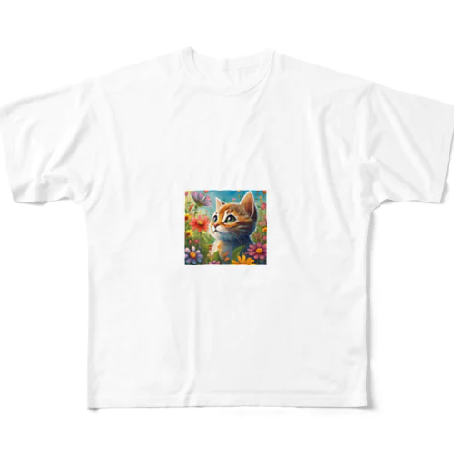 可愛い猫キラキラ フルグラフィックTシャツ