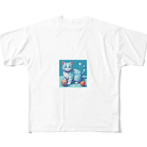 狩猫ブルー フルグラフィックTシャツ