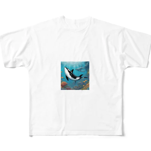 波の中でアザラシを見守るシャチ フルグラフィックTシャツ