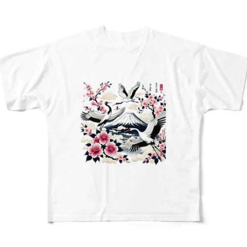 清楚な和の美 - 桜と鶴2 フルグラフィックTシャツ