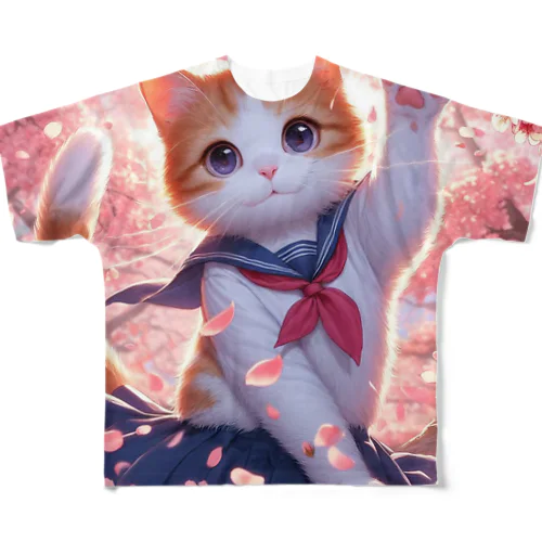 桜咲く華の学生猫 hana フルグラフィックTシャツ