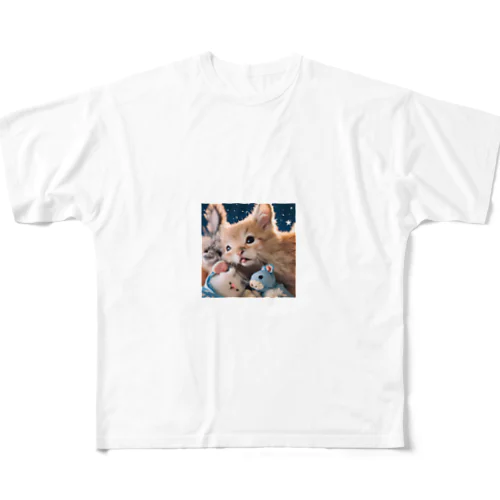 ぬいぐるみと猫ちゃんのショット フルグラフィックTシャツ