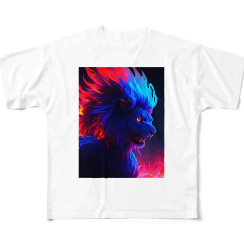 炎舞う帝王、青と赤に輝く炎のライオン All-Over Print T-Shirt