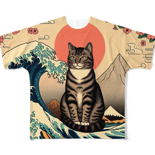 浮世絵波富士猫 フルグラフィックTシャツ