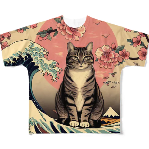 浮世絵猫　波桜 フルグラフィックTシャツ