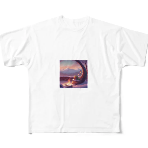 焚火の前で温まりながら雪景色を眺めて喜んでいる蛇 All-Over Print T-Shirt