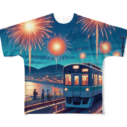 花火と列車 フルグラフィックTシャツ