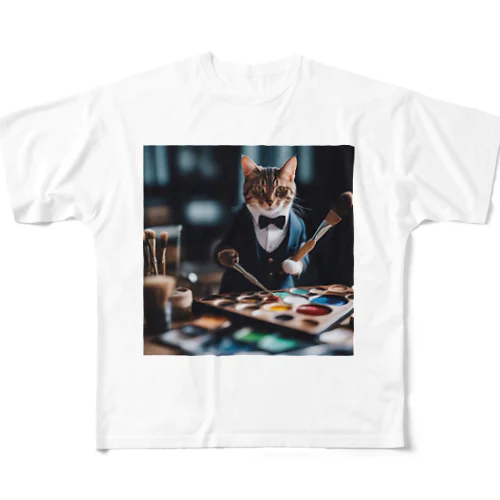 一匹の個性的な猫が絵筆を握っています フルグラフィックTシャツ