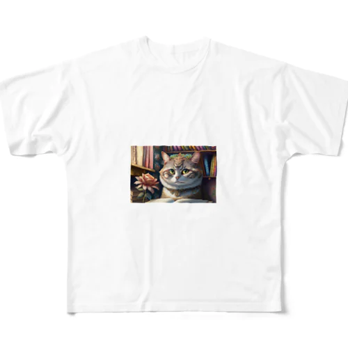 本を読む賢い猫 All-Over Print T-Shirt