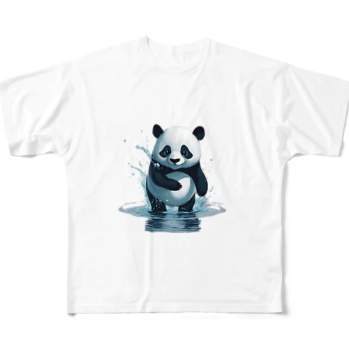 パンダの水遊び フルグラフィックTシャツ