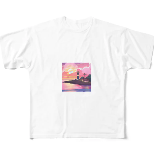 夕焼けに染まる離島の灯台 フルグラフィックTシャツ