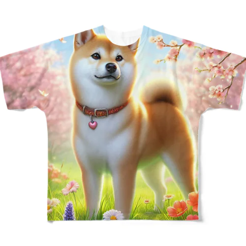 春の柴犬の冒険 フルグラフィックTシャツ