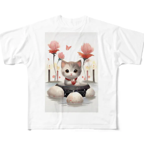 猫とお花 フルグラフィックTシャツ