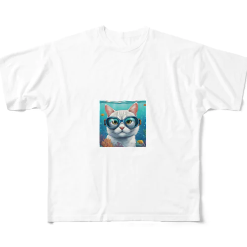 水中ゴーグルを着ける猫 フルグラフィックTシャツ