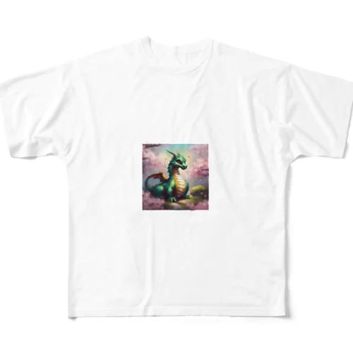 桃の花の香りに誘われて喜んでいる竜 All-Over Print T-Shirt