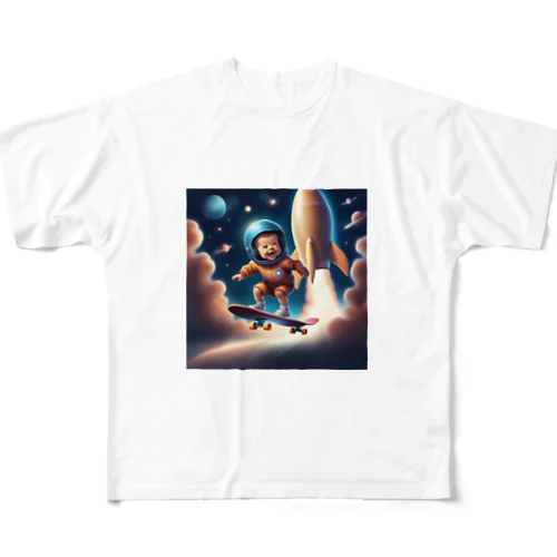 宇宙空間で楽しむ赤ちゃんスケーター All-Over Print T-Shirt