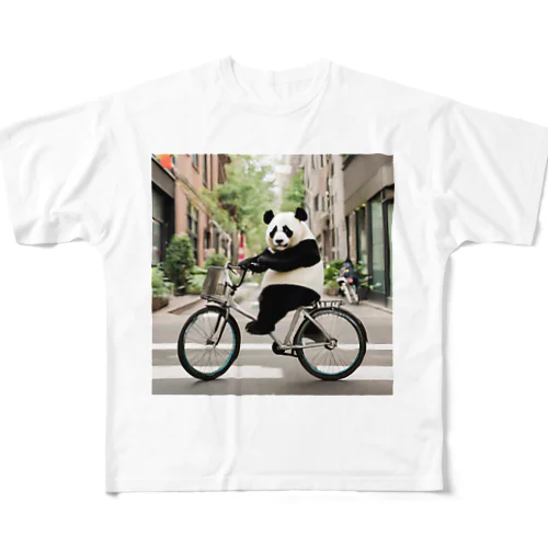 街の中を自転車で走るパンダ All-Over Print T-Shirt